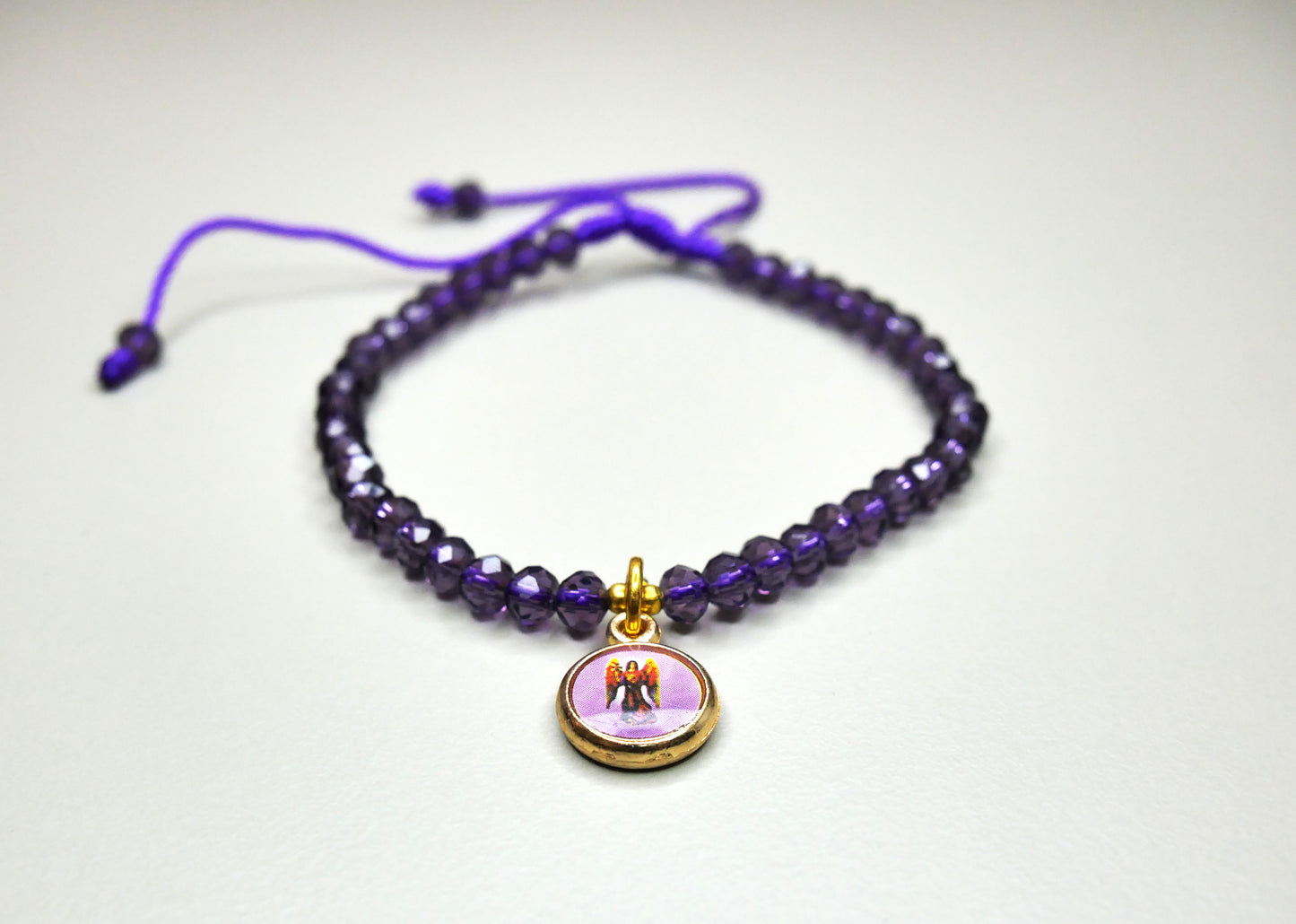 Handmade Purple Crystal Bracelet with Dangling Archangel Zadkiel Charm for Healing, Forgiveness, and Spiritual Growth