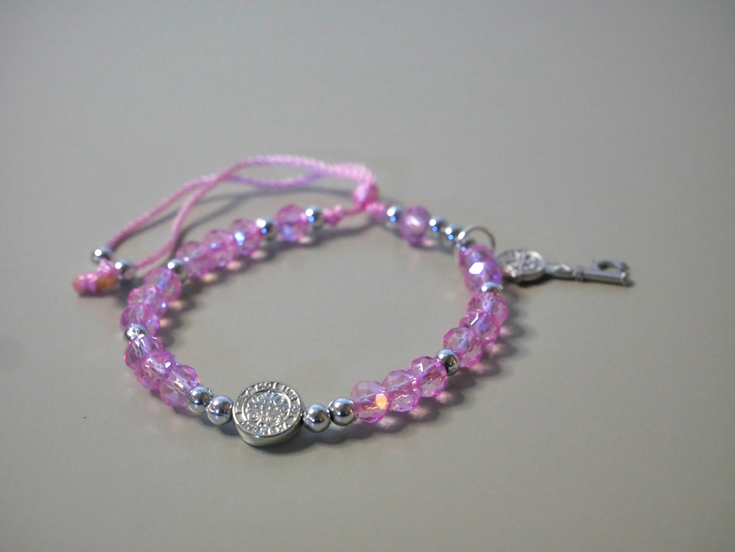 Crystal Beaded Bracelet with Silver St. Benedict Medal and Silver Heart Key Charm for Faith and Protection