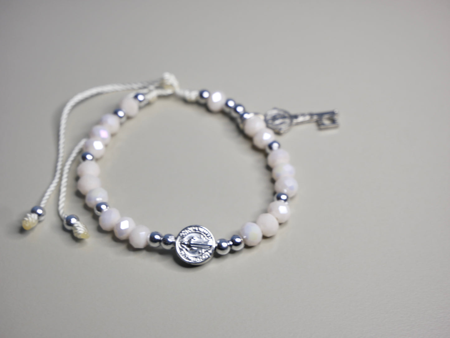 Crystal Beaded Bracelet with Silver St. Benedict Medal and Silver Heart Key Charm for Faith and Protection
