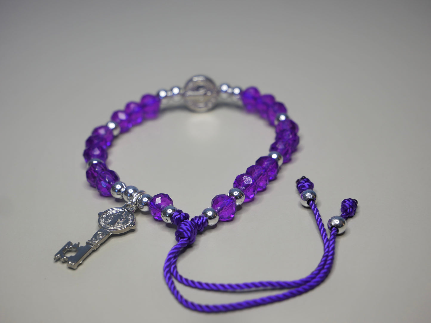 Crystal Beaded Bracelet with Silver St. Benedict Medal and Silver Heart Key Charm for Faith and Protection