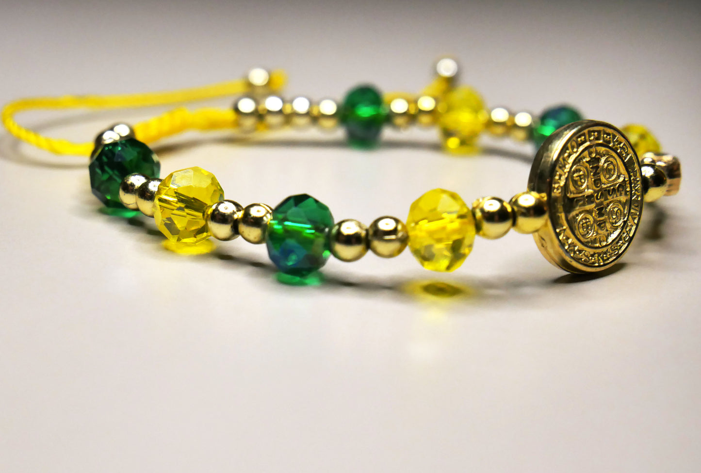 Handmade St. Jude & St. Benedict Bracelet with Green & Yellow Beads for Protection