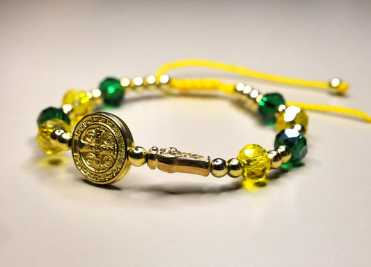 Handmade St. Jude & St. Benedict Bracelet with Green & Yellow Beads for Protection