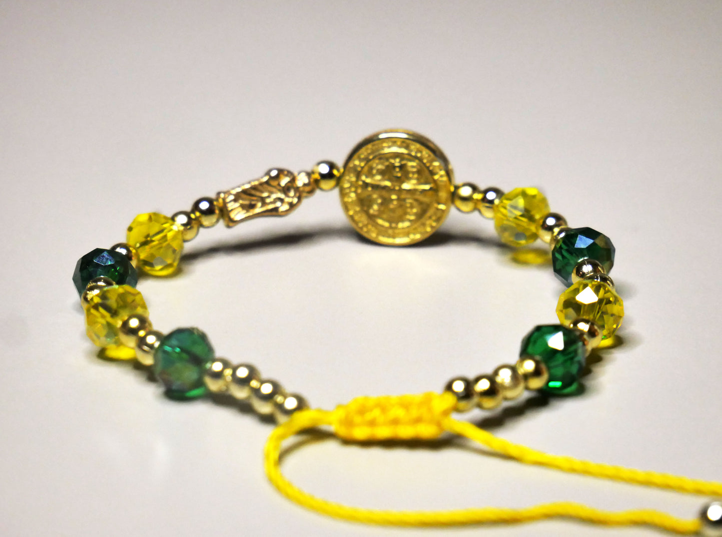 Handmade St. Jude & St. Benedict Bracelet with Green & Yellow Beads for Protection