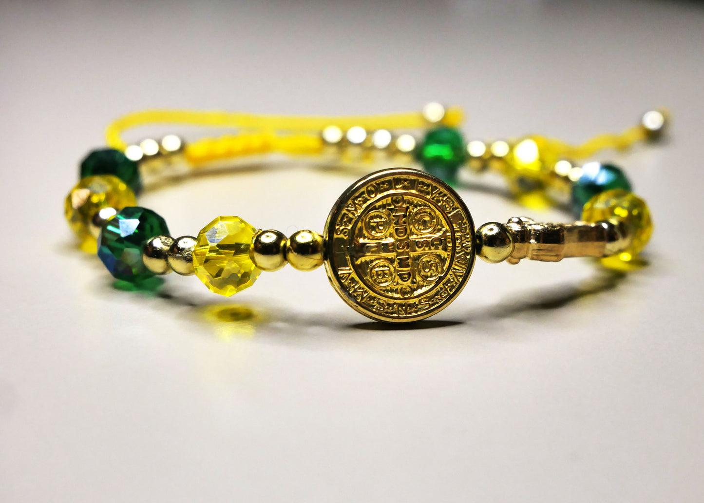 Handmade St. Jude & St. Benedict Bracelet with Green & Yellow Beads for Protection