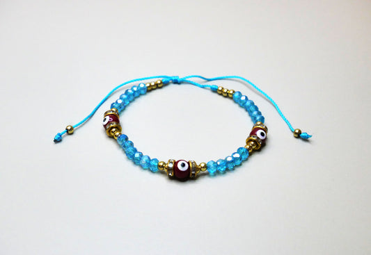 Beaded Crystal Bracelet with 3 Evil Eye Charms for Protection, Available in Multiple Colors