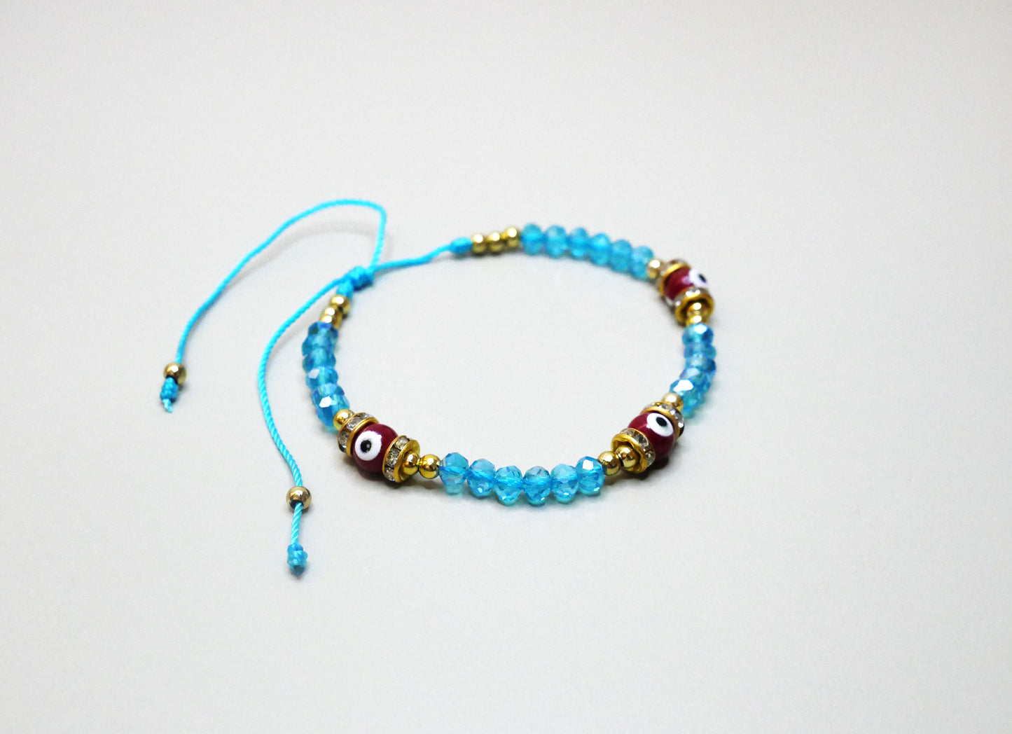 Beaded Crystal Bracelet with 3 Evil Eye Charms for Protection, Available in Multiple Colors