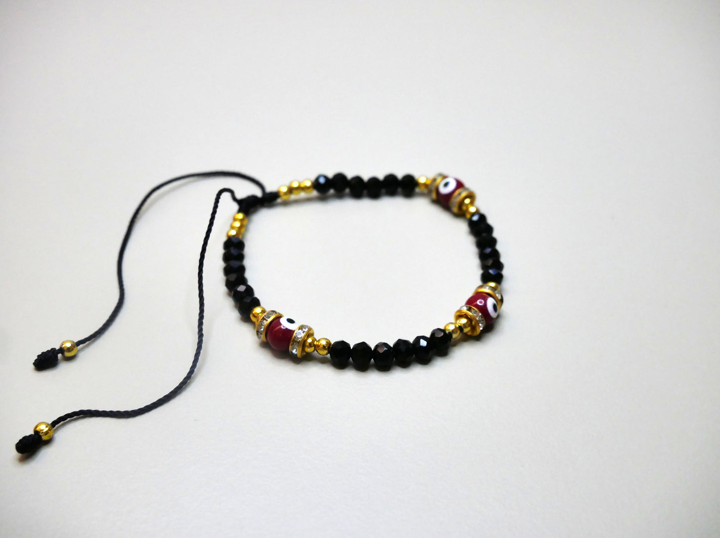 Beaded Crystal Bracelet with 3 Evil Eye Charms for Protection, Available in Multiple Colors