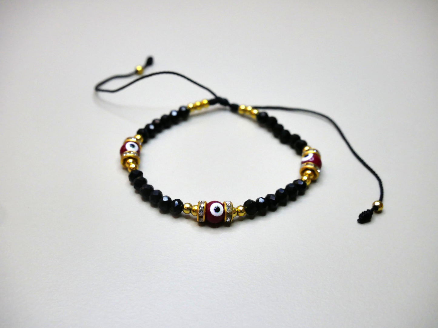 Beaded Crystal Bracelet with 3 Evil Eye Charms for Protection, Available in Multiple Colors