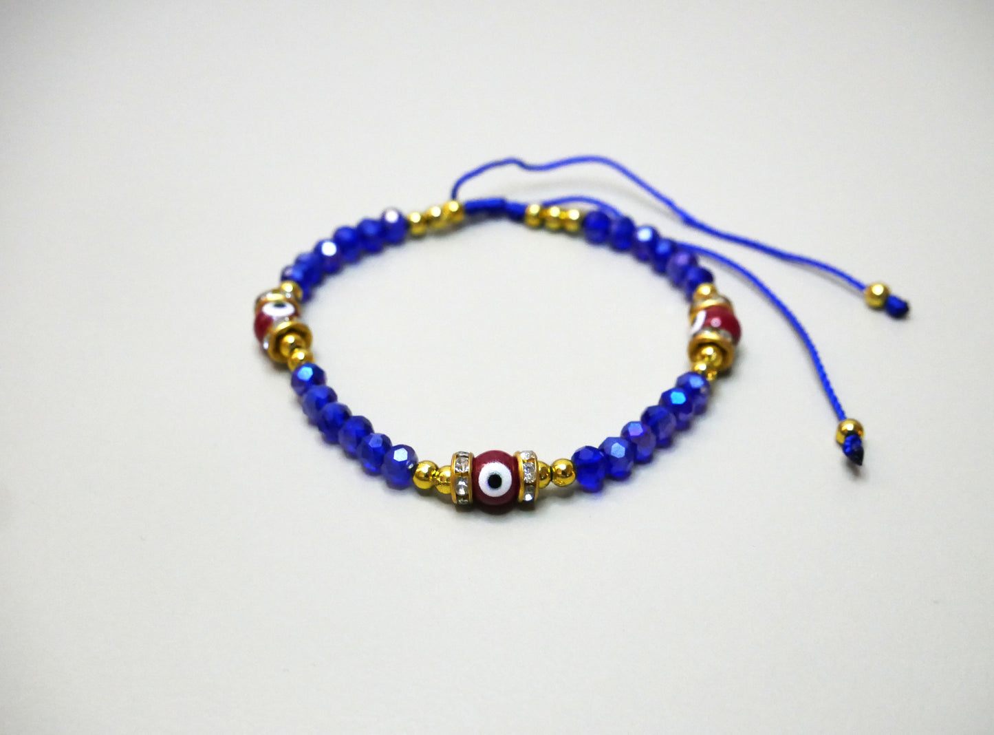 Beaded Crystal Bracelet with 3 Evil Eye Charms for Protection, Available in Multiple Colors