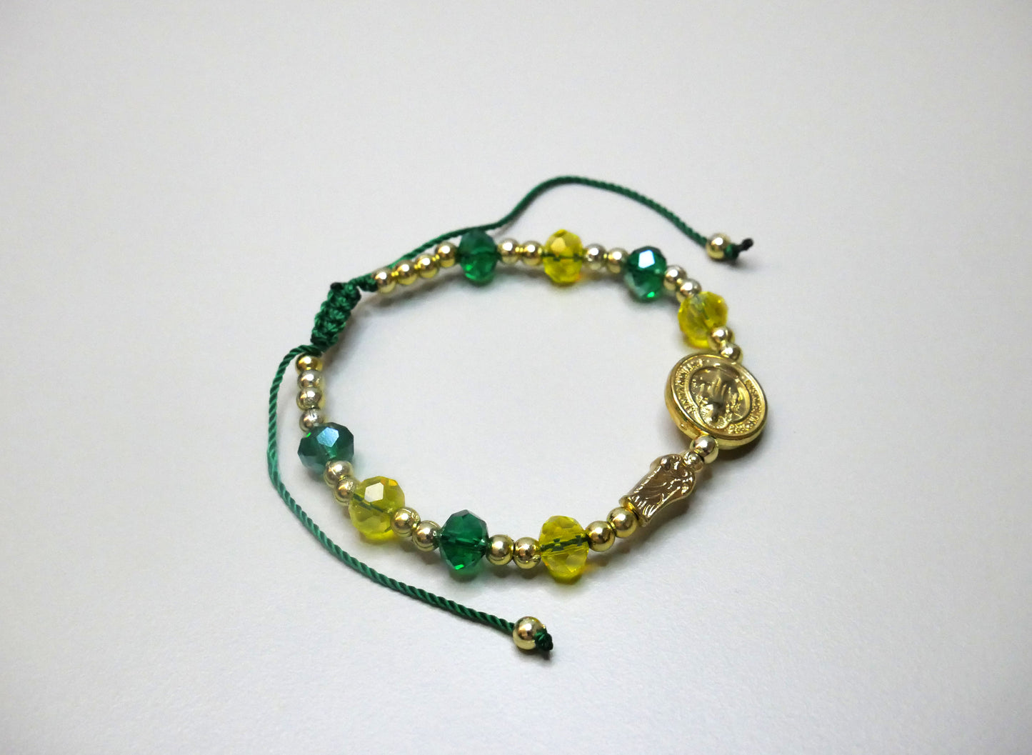 Handmade St. Jude & St. Benedict Bracelet with Green & Yellow Beads for Protection