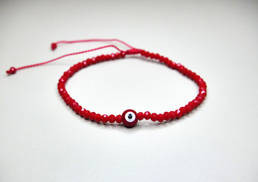 Handmade Red Crystal Bracelet with Center Evil Eye Charm for Style, Protection, and Positive Energy