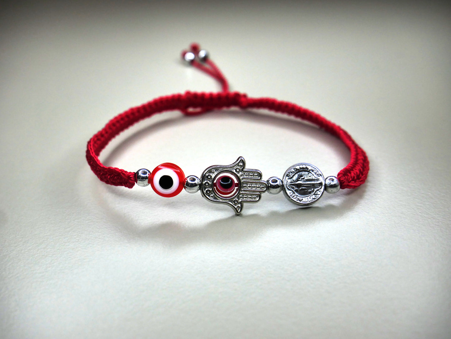 3 Charm Evil Eye, Red Saint Benedict and Hamsa Bracelet for Protection