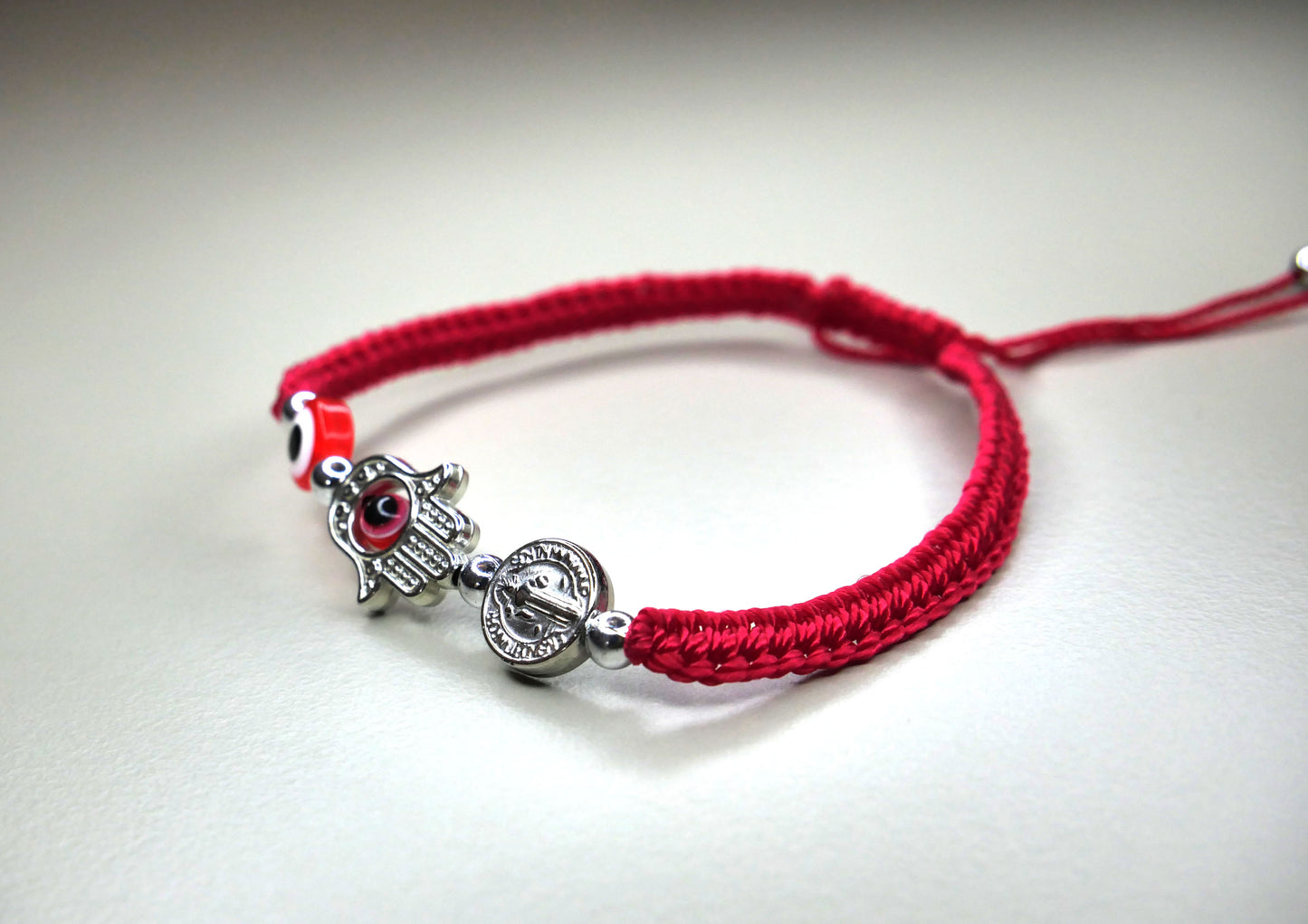 3 Charm Evil Eye, Red Saint Benedict and Hamsa Bracelet for Protection