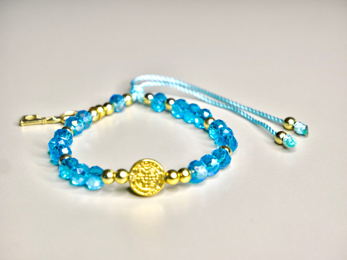 Handmade Multicolor Crystal Bracelets with Golden St. Benedict Medal and Golden Key Charm – Unlock Style, Faith, and Divine Protection