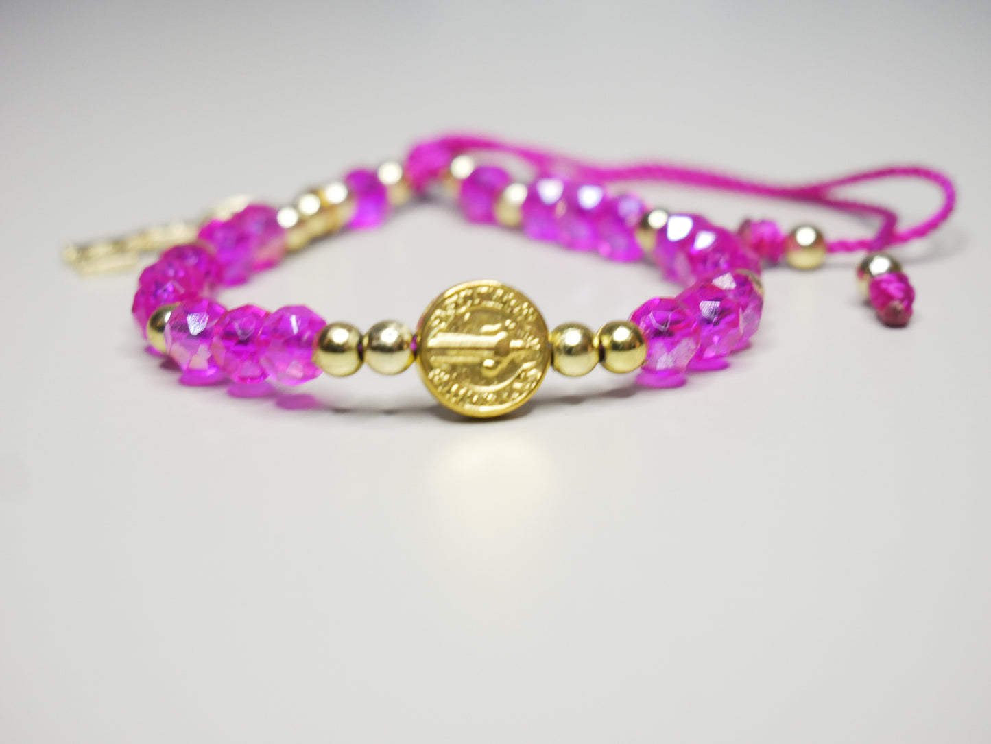 Handmade Multicolor Crystal Bracelets with Golden St. Benedict Medal and Golden Key Charm – Unlock Style, Faith, and Divine Protection